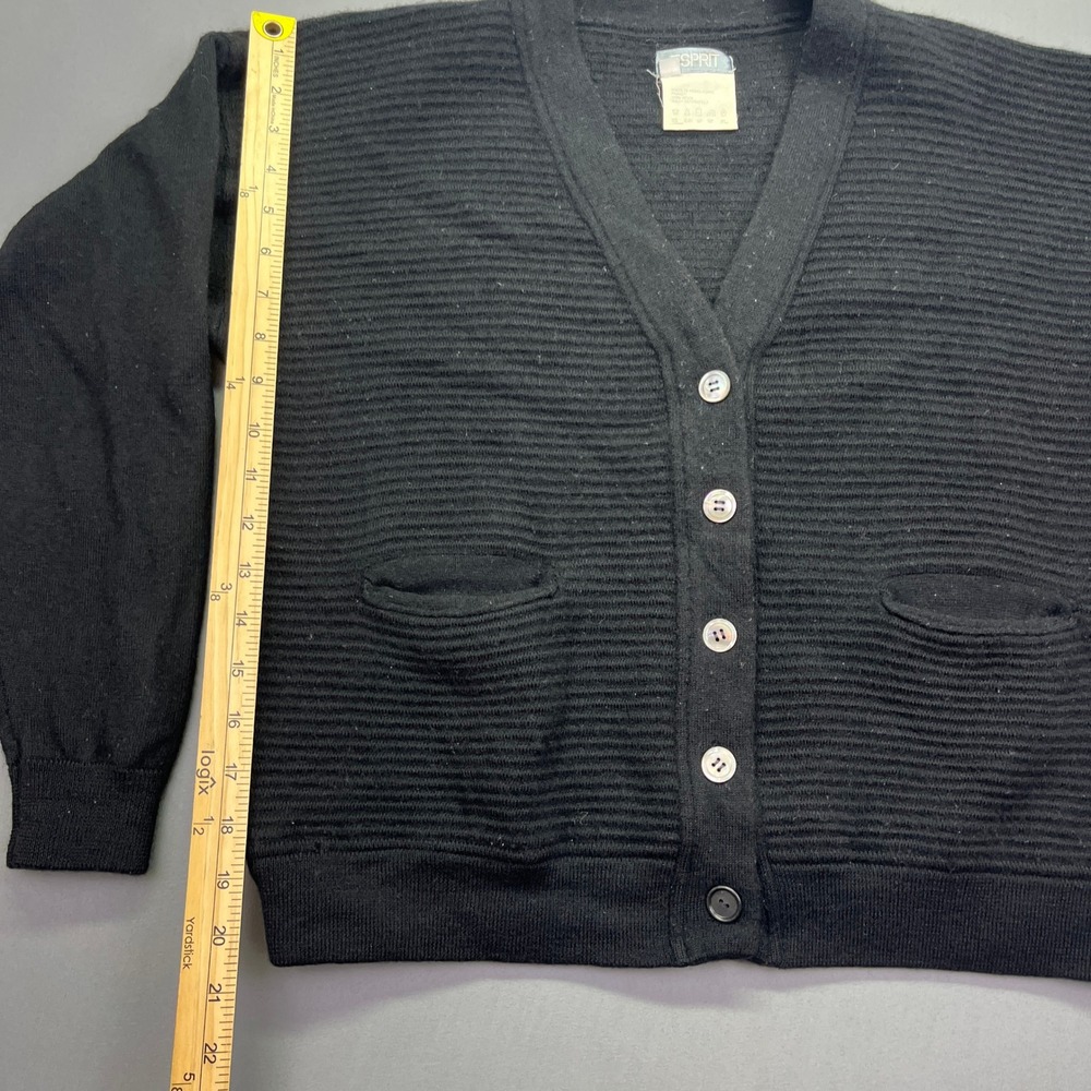 VTG Esprit Wool Cardigan‎ Sweater Knit Ribbed Button Front Pockets Black Sz M - Picture 2 of 7